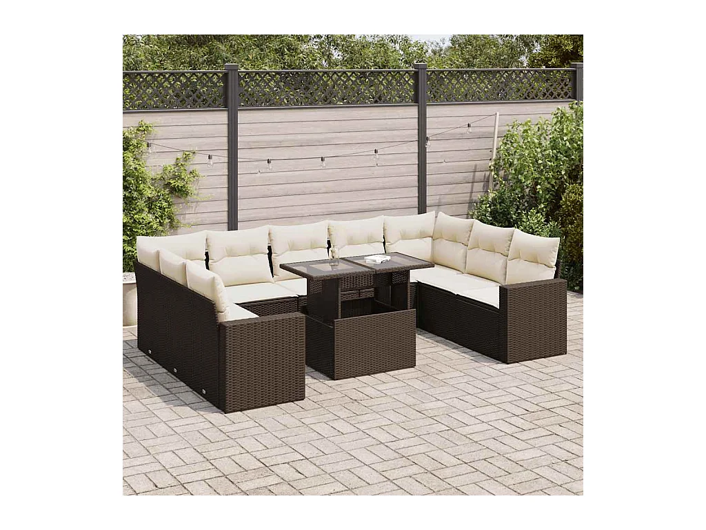 Salon de jardin 10 pcs avec coussins marron résine tressée