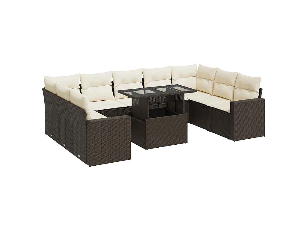 10-delige Loungeset met kussens poly rattan bruin