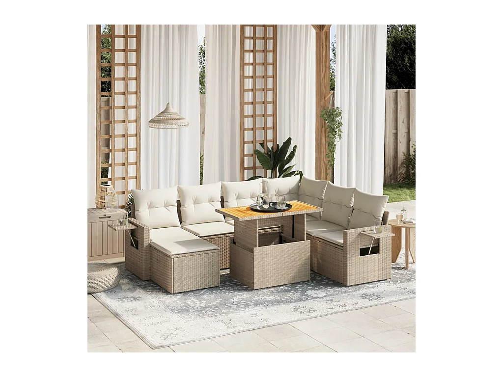 8-tlg. Garten-Sofagarnitur mit Kissen Beige Poly Rattan