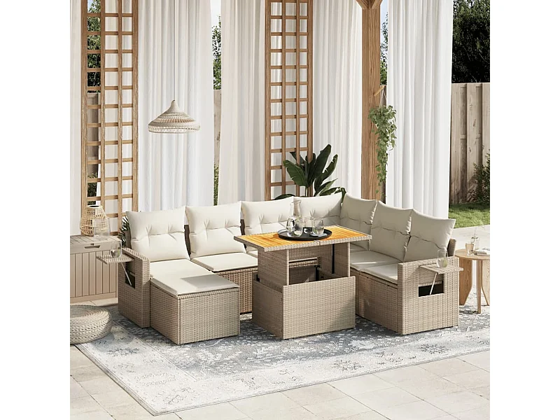 Salon de jardin avec coussins 8 pcs beige résine tressée