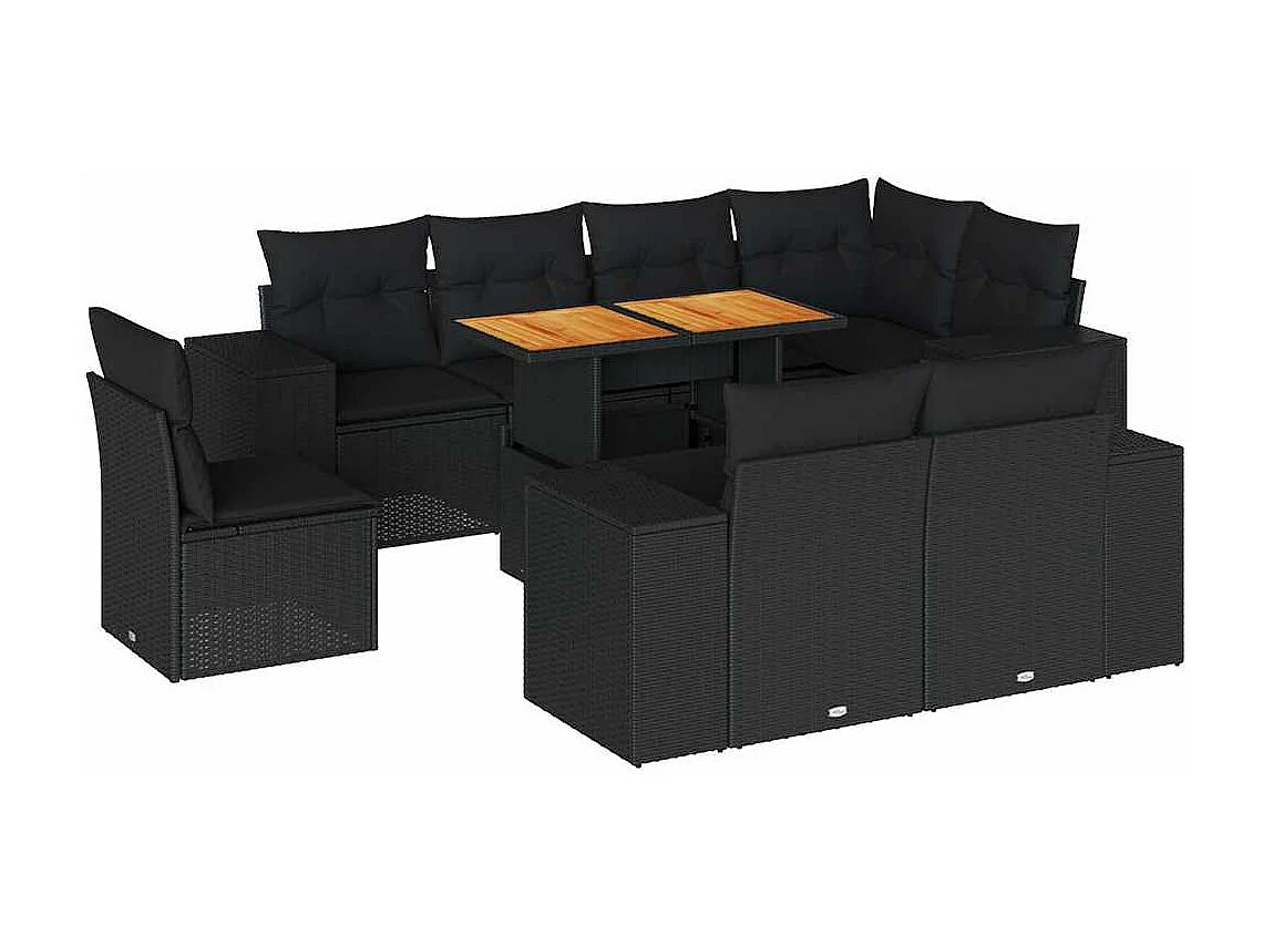 9-delige Loungeset met kussens poly rattan zwart