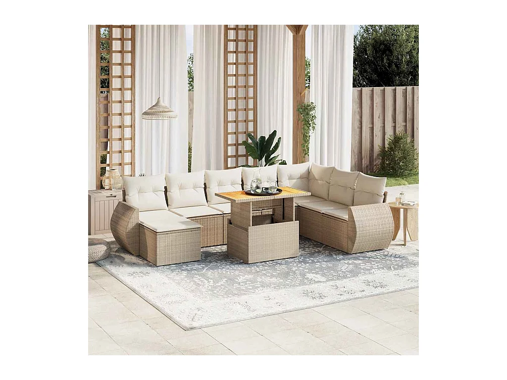 Salon de jardin avec coussins 9 pcs beige résine tressée