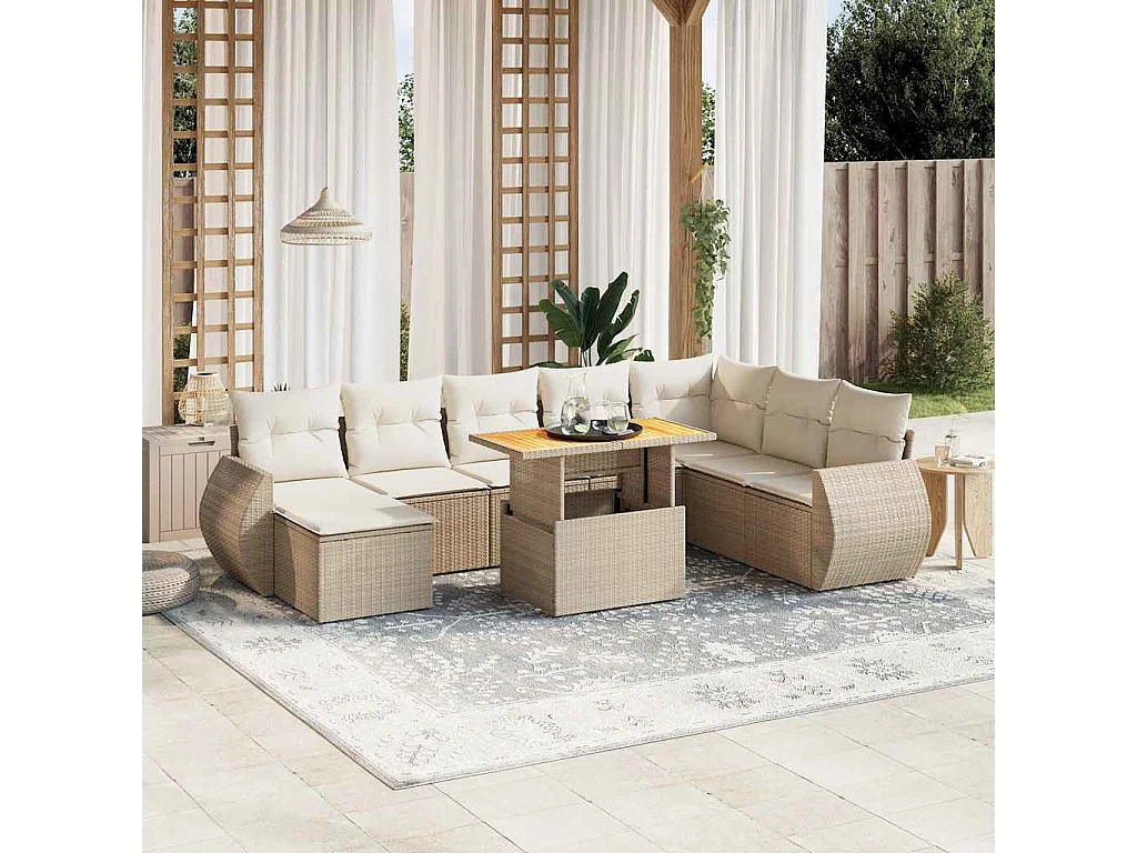 9-tlg. Garten-Sofagarnitur mit Kissen Beige Poly Rattan