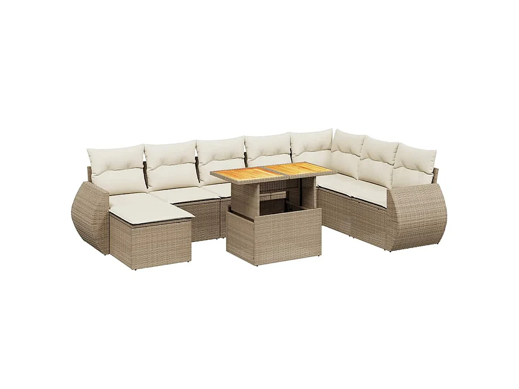 Set Divano da Giardino 9 pz con Cuscini Beige in Polyrattan