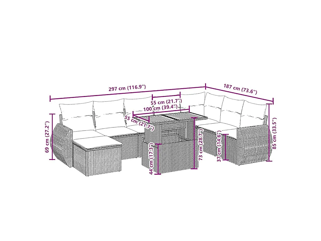 Set Divano da Giardino 9 pz con Cuscini Beige in Polyrattan