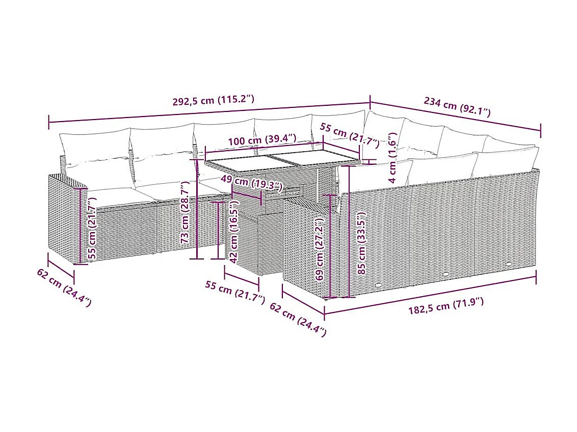 11 pcs conjunto sofás de jardim c/ almofadões vime PE bege