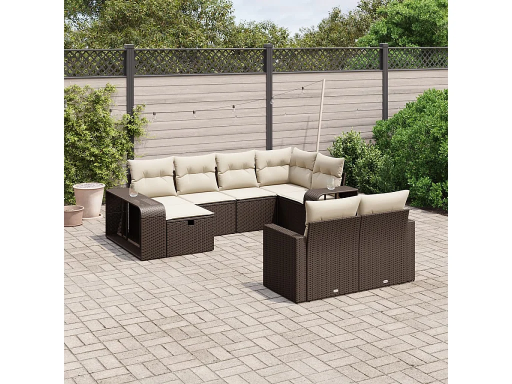 10-delige Loungeset met kussens poly rattan bruin