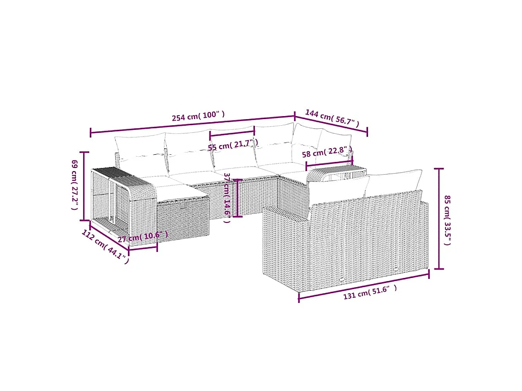 10-delige Loungeset met kussens poly rattan bruin