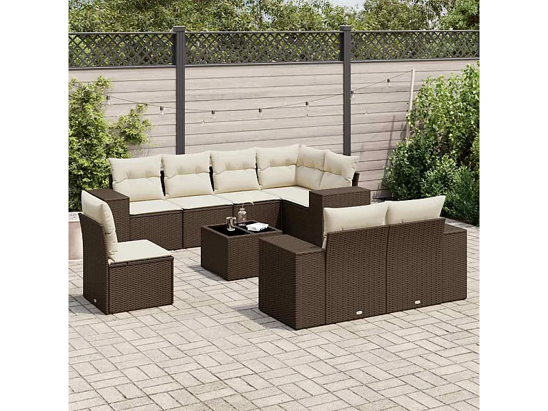 Salon de jardin avec coussins 9 pcs marron résine tressée