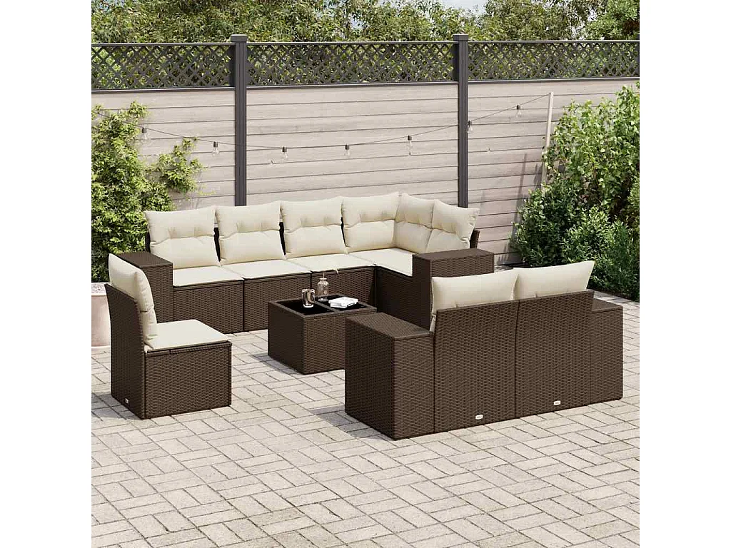 Salon de jardin avec coussins 9 pcs marron résine tressée