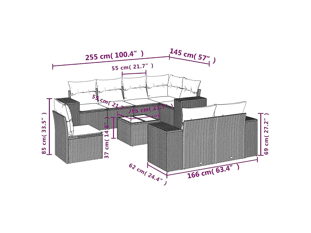 9-delige Loungeset met kussens poly rattan bruin
