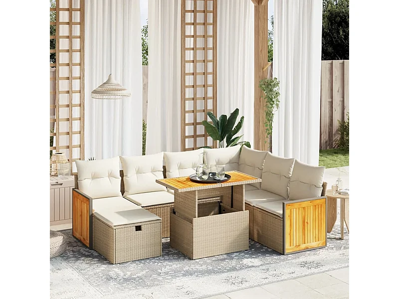 Salon de jardin avec coussins 8 pcs beige résine tressée