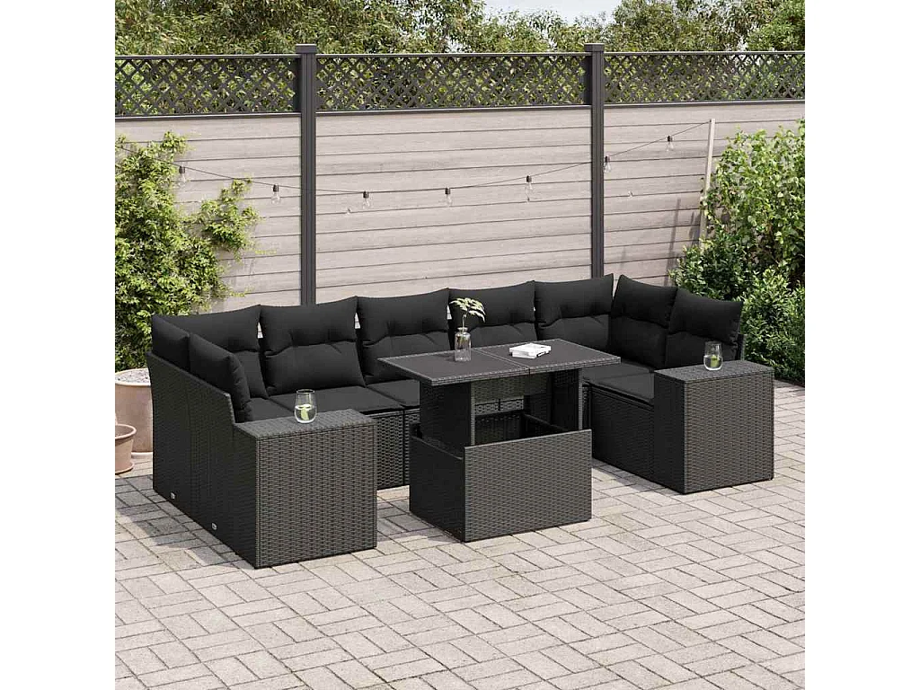 Salon de jardin 8 pcs avec coussins noir résine tressée