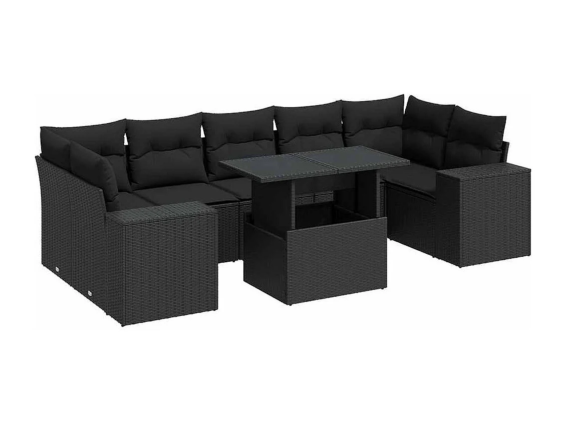 Salon de jardin 8 pcs avec coussins noir résine tressée