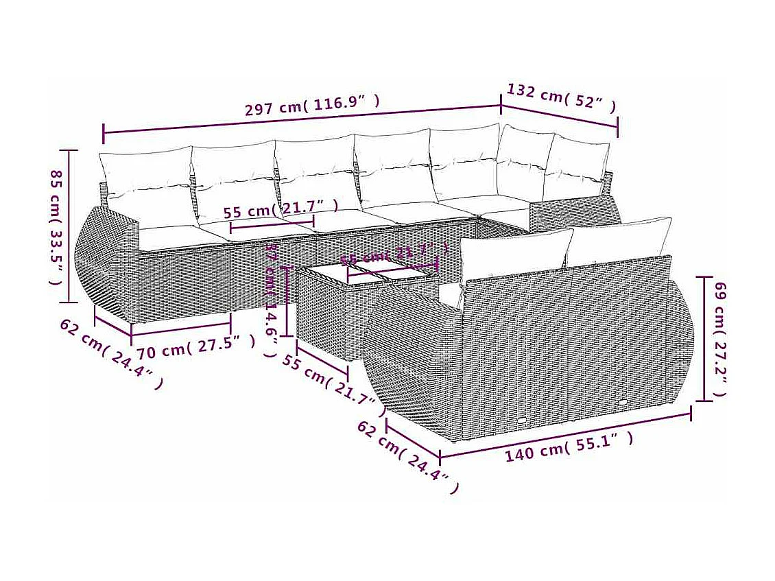9-tlg. Garten-Sofagarnitur mit Kissen Hellgrau Poly Rattan