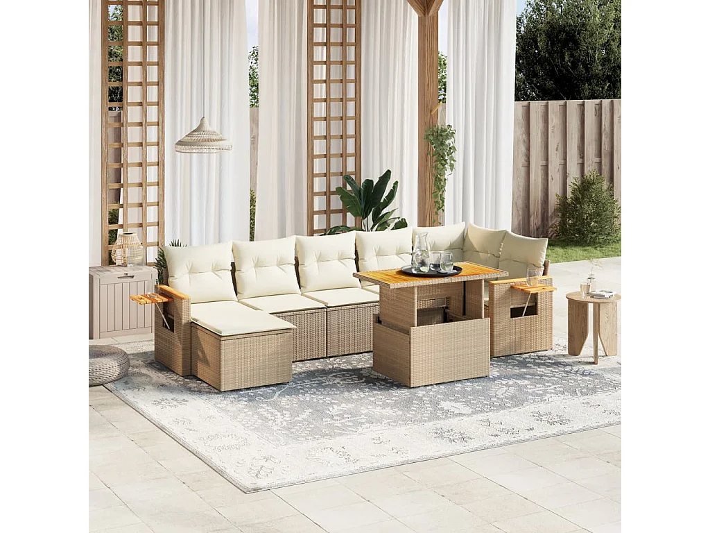 8-tlg. Garten-Sofagarnitur mit Kissen Beige Poly Rattan