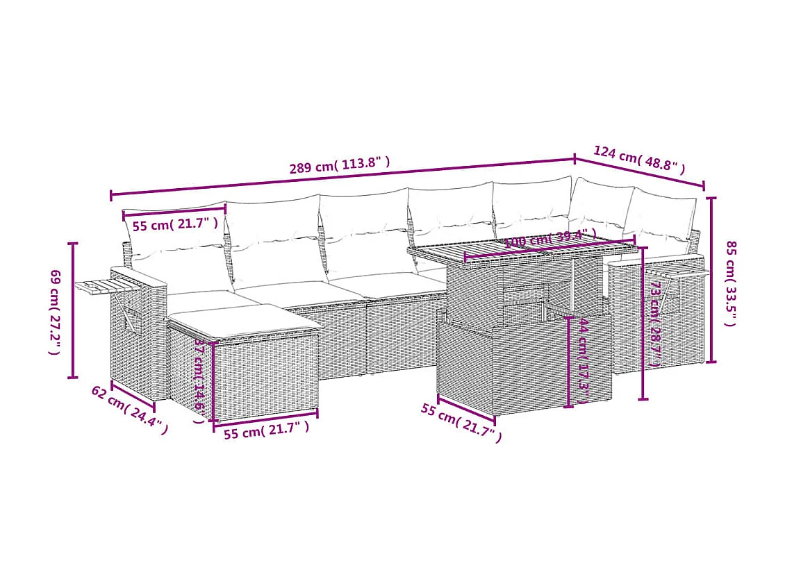 8 pcs conjunto de sofás p/ jardim com almofadões vime PE bege