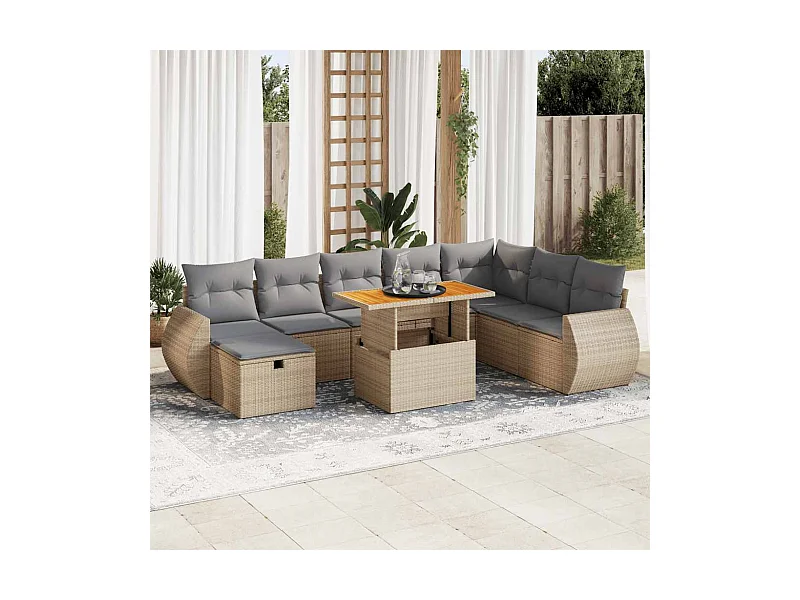9-tlg. Garten-Sofagarnitur mit Kissen Beige Poly Rattan Akazie
