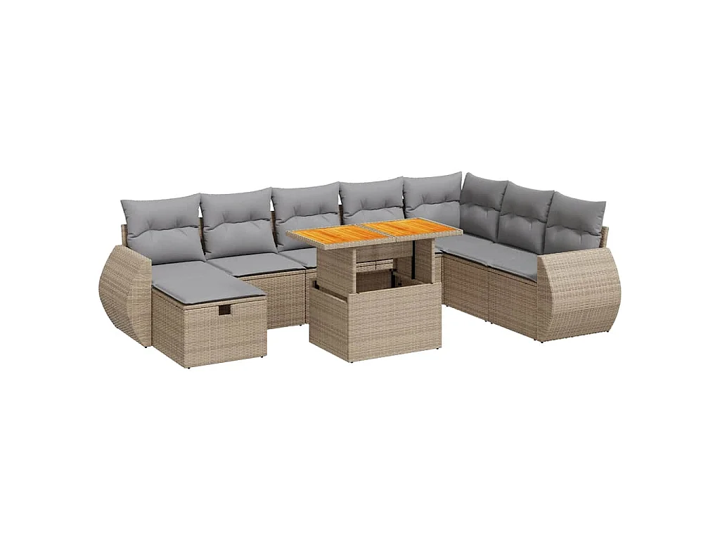 9-delige Loungeset met kussens poly rattan acacia beige