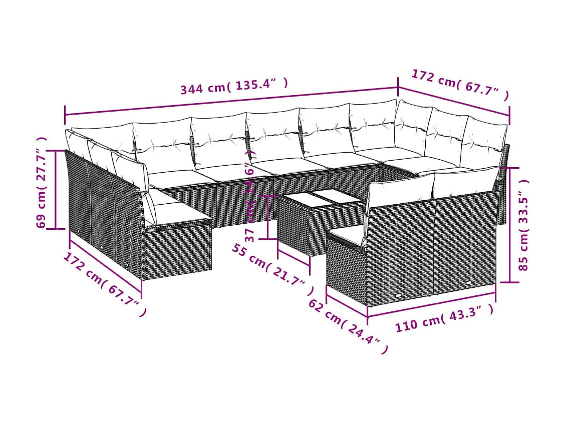Set Divani da Giardino 13 pz con Cuscini Marrone in Polyrattan