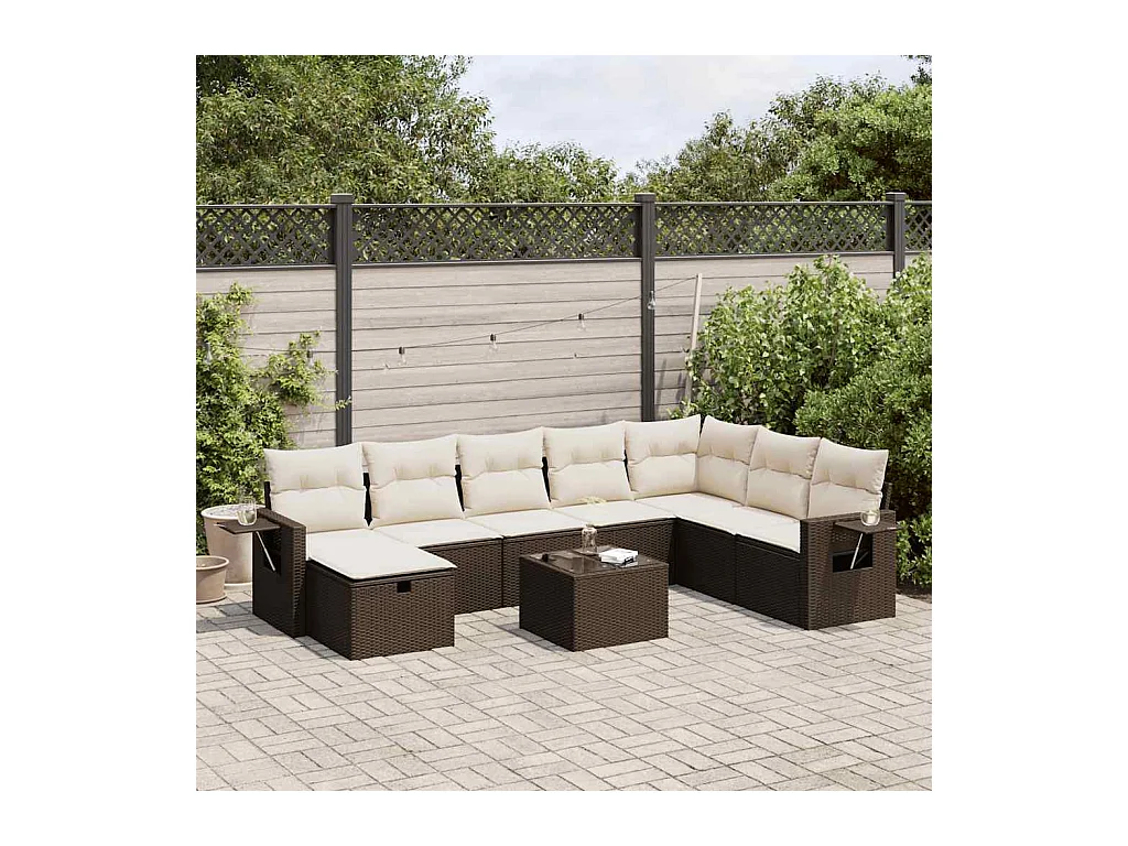Salon de jardin avec coussins 9 pcs marron résine tressée
