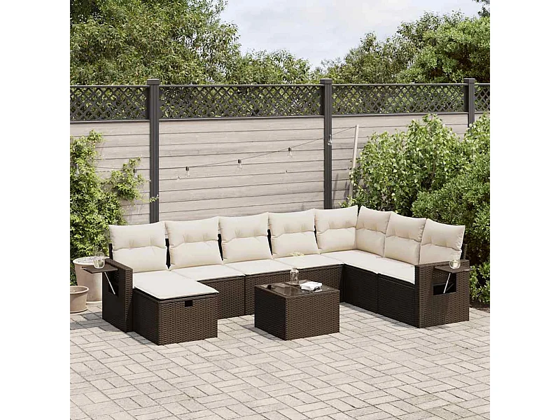 Salon de jardin avec coussins 9 pcs marron résine tressée
