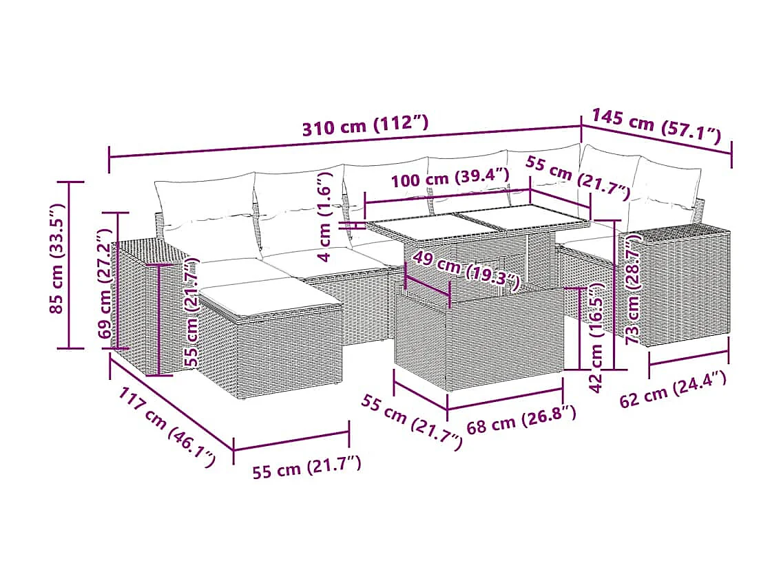 Salon de jardin 8 pcs avec coussins noir résine tressée
