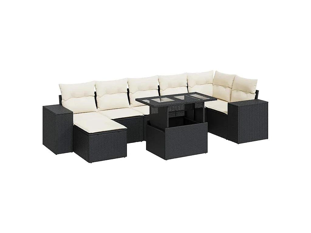 8-delige Loungeset met kussens poly rattan zwart
