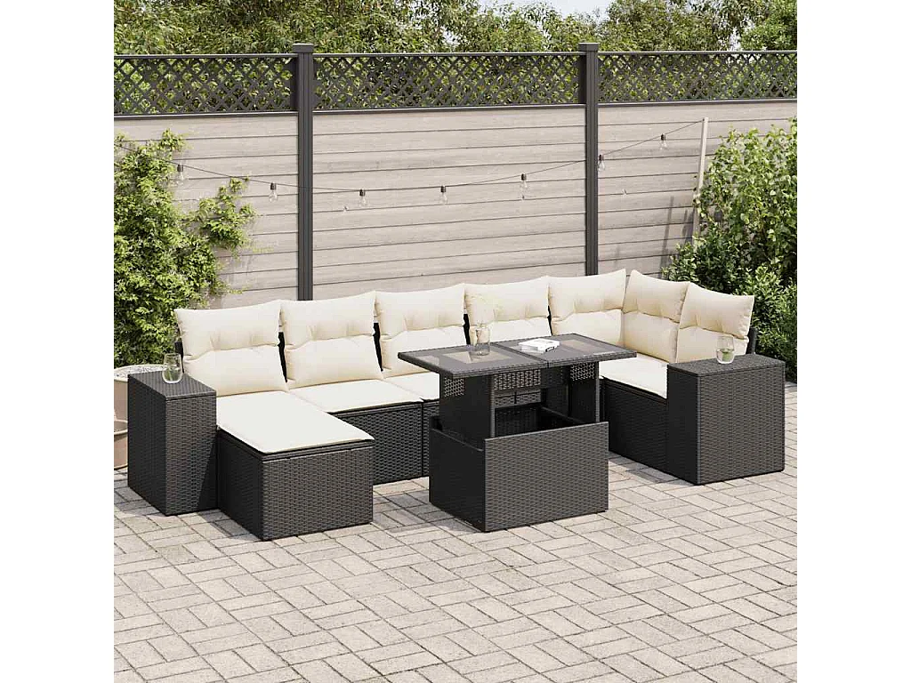 8-delige Loungeset met kussens poly rattan zwart