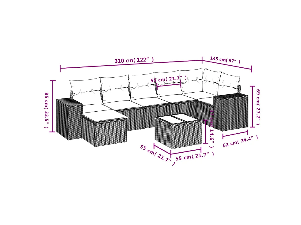 8-delige Loungeset met kussens poly rattan bruin