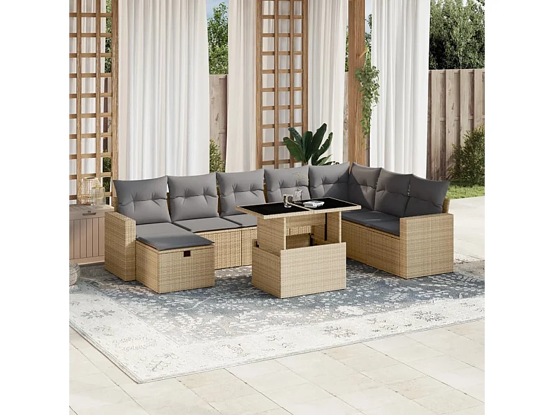 Salon de jardin avec coussins 9 pcs beige résine tressée