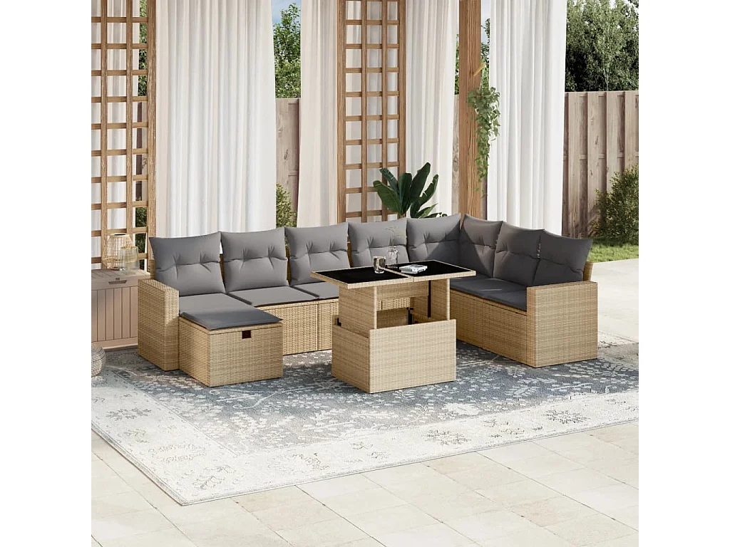Salon de jardin avec coussins 9 pcs beige résine tressée