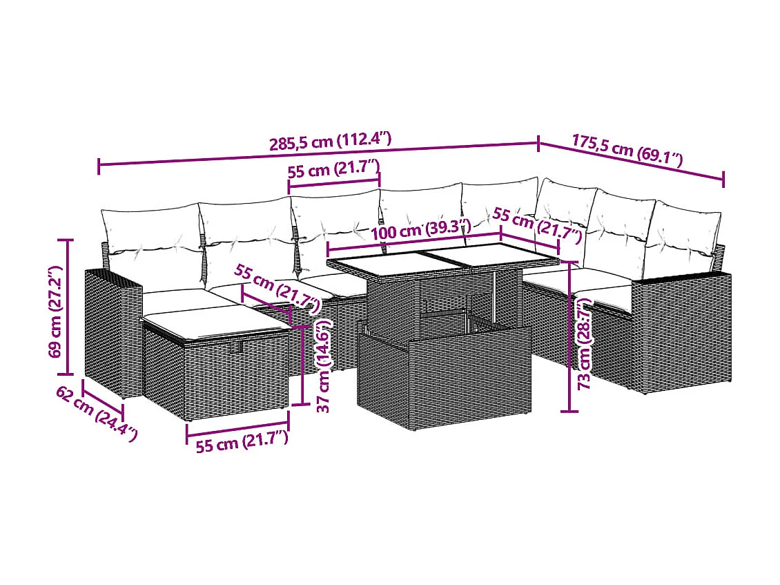 Salon de jardin avec coussins 9 pcs beige résine tressée