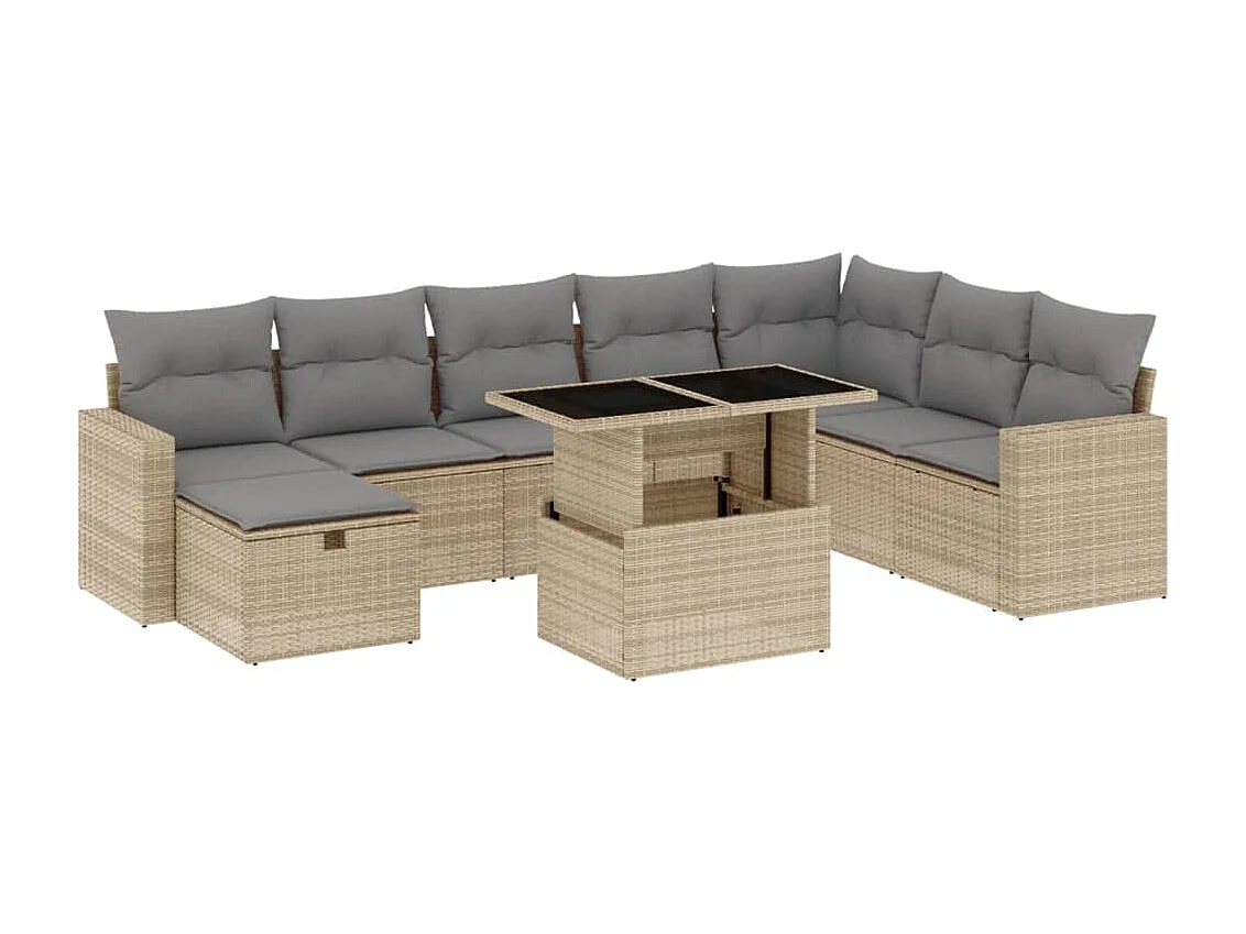 Salon de jardin avec coussins 9 pcs beige résine tressée