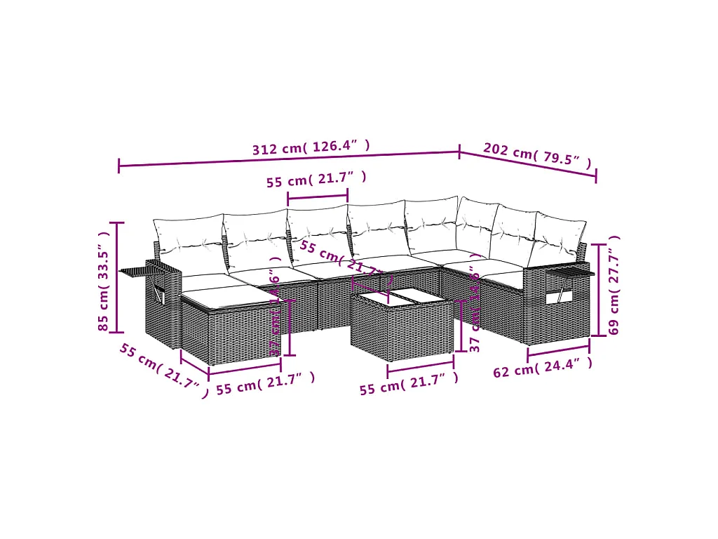 Set Divani da Giardino 9pz con Cuscini Marrone in Polyrattan