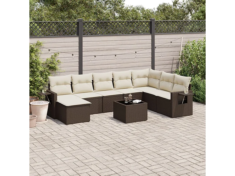 Salon de jardin avec coussins 9 pcs marron résine tressée