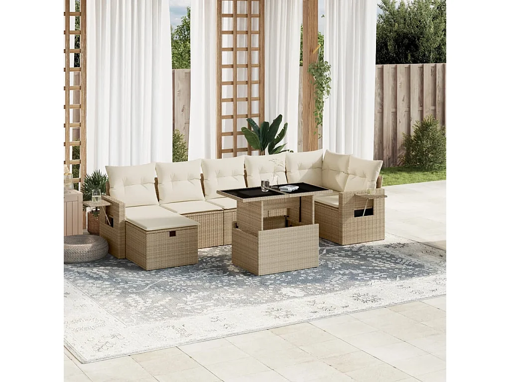 Set Divano da Giardino 8 pz con Cuscini Beige in Polyrattan