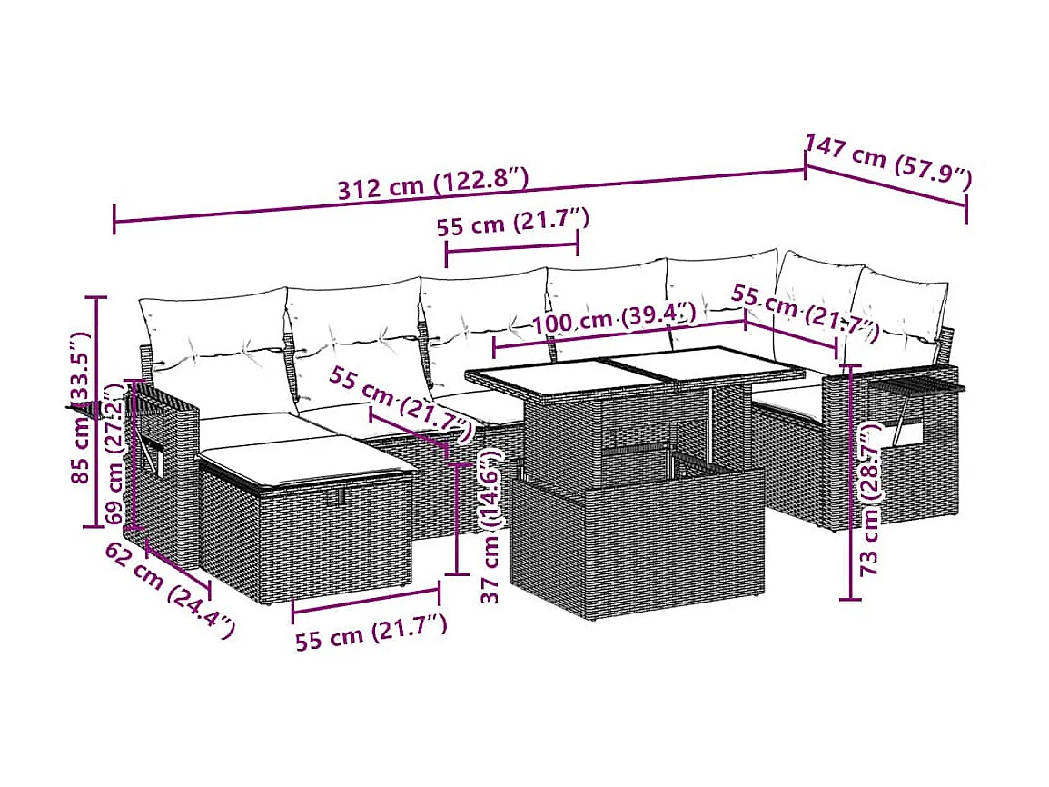 Set Divano da Giardino 8 pz con Cuscini Beige in Polyrattan