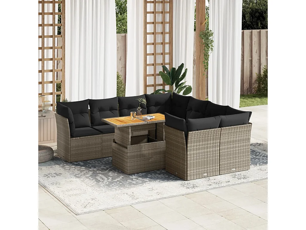 Salon de jardin 9 pcs avec coussins gris résine tressée