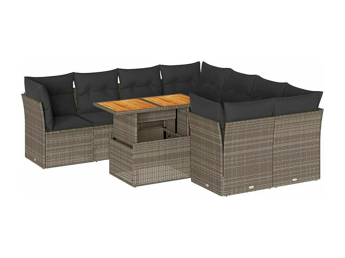 Salon de jardin 9 pcs avec coussins gris résine tressée