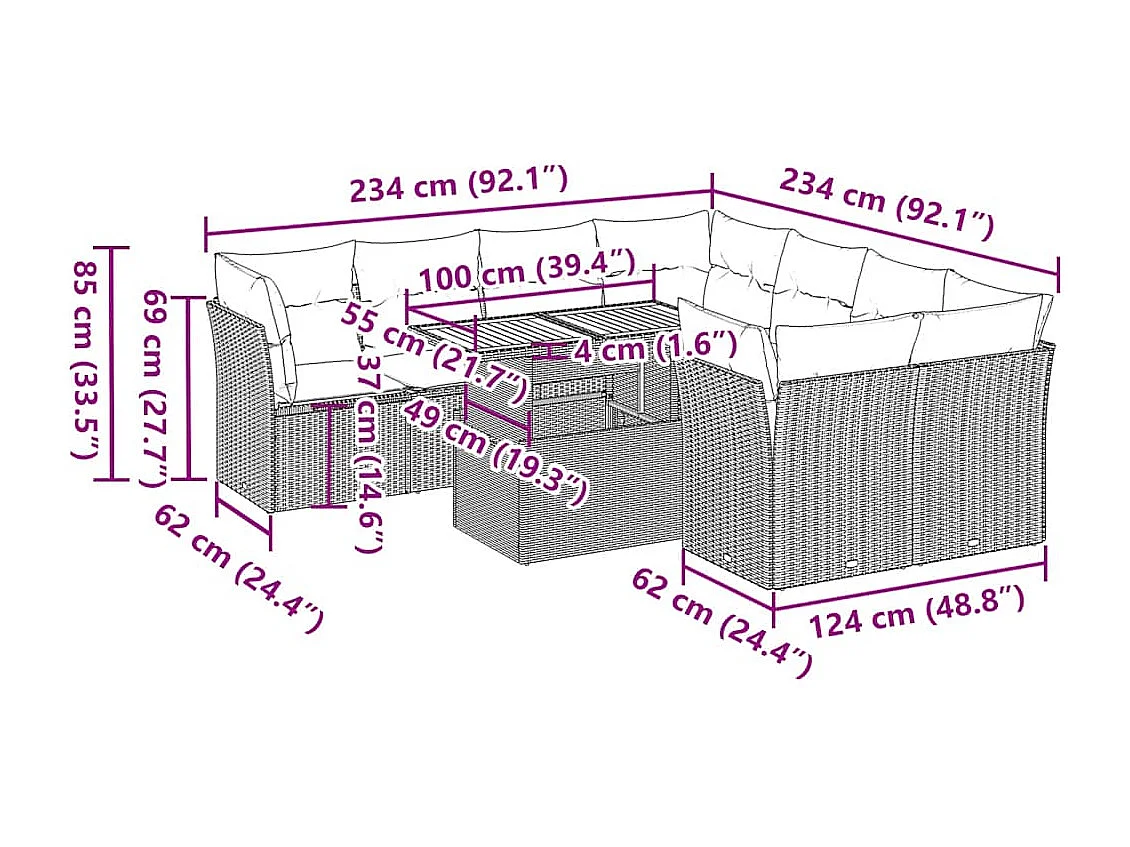 Salon de jardin 9 pcs avec coussins gris résine tressée