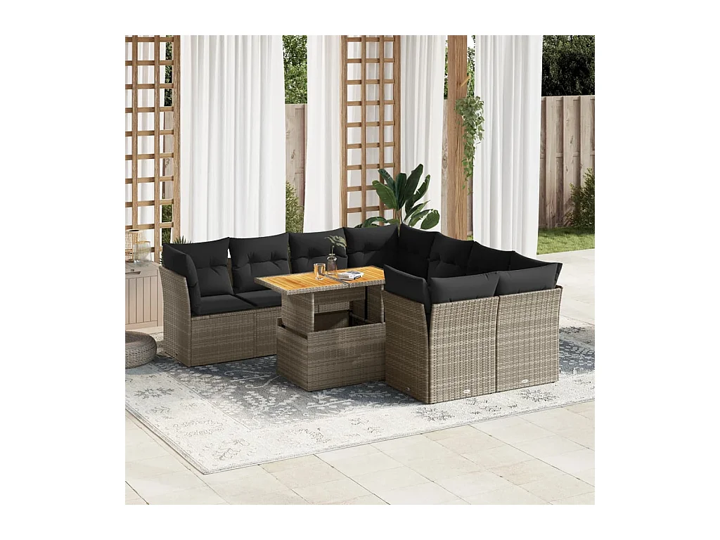 Salon de jardin 9 pcs avec coussins gris résine tressée