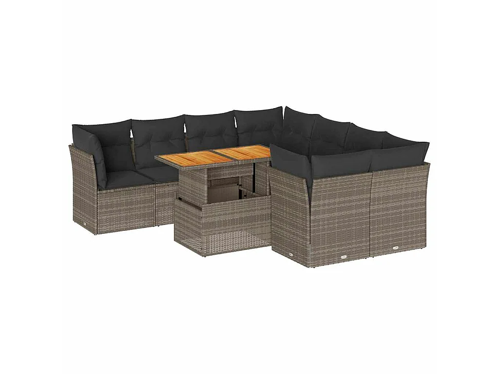 Set Divano da Giardino 9 pz con Cuscini Grigio in Polyrattan