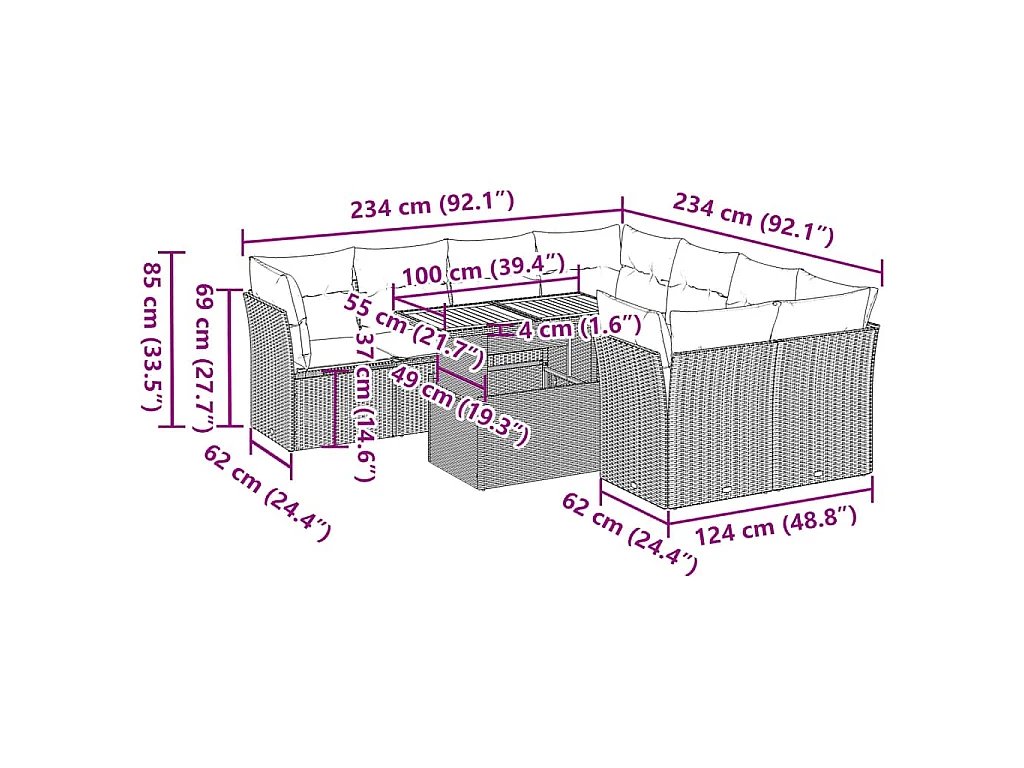 Set Divano da Giardino 9 pz con Cuscini Grigio in Polyrattan