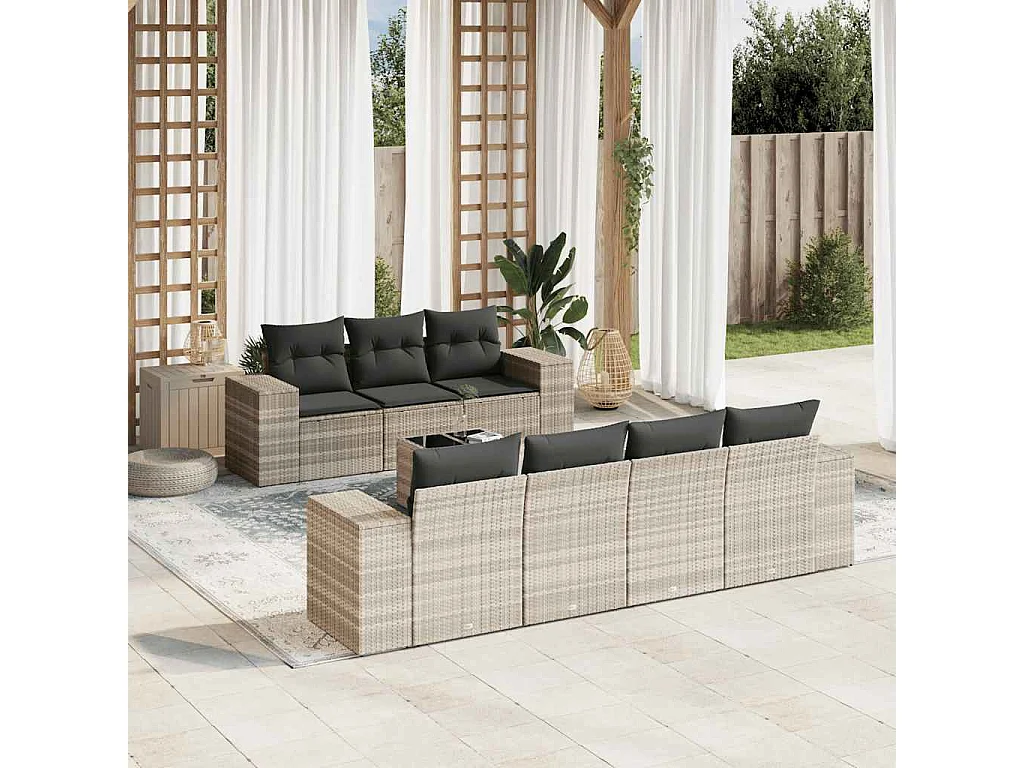 Salon de jardin 8 pcs avec coussins gris clair résine tressée