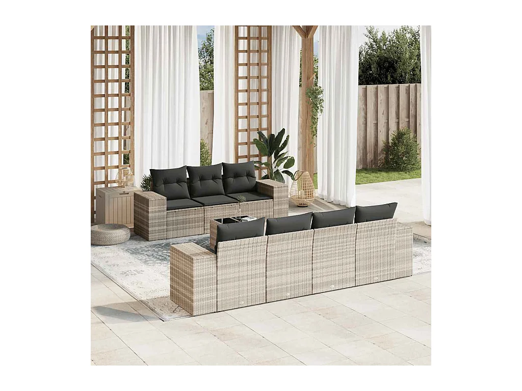 Set Divano da Giardino 8pz con Cuscini Grigio Chiaro Polyrattan