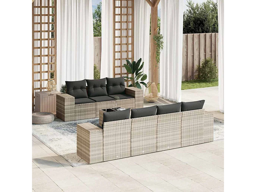 8-tlg. Garten-Sofagarnitur mit Kissen Hellgrau Poly Rattan