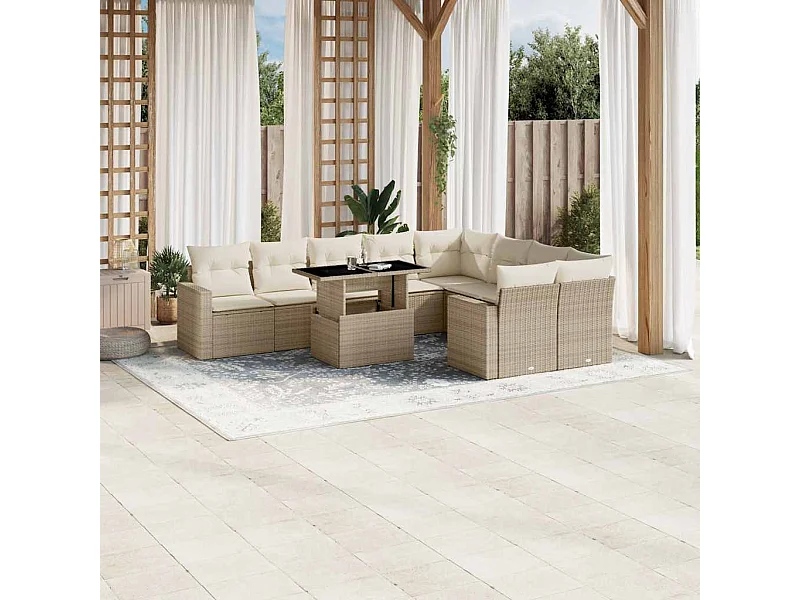 10-tlg. Garten-Sofagarnitur mit Kissen Beige Poly Rattan
