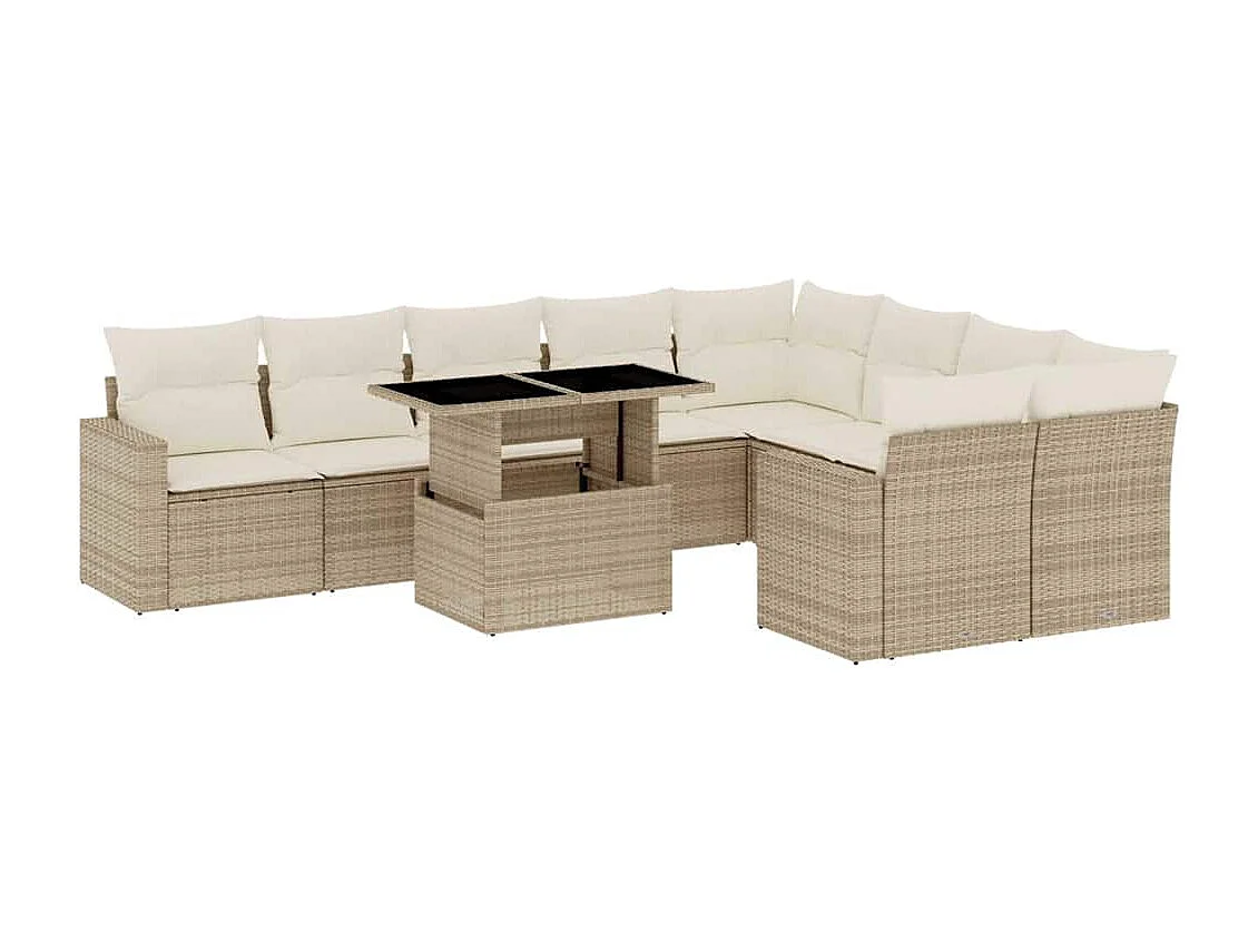 10-tlg. Garten-Sofagarnitur mit Kissen Beige Poly Rattan
