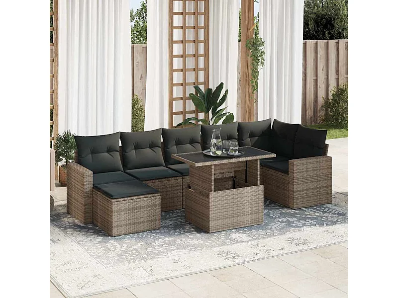 Salon de jardin 8 pcs avec coussins gris résine tressée
